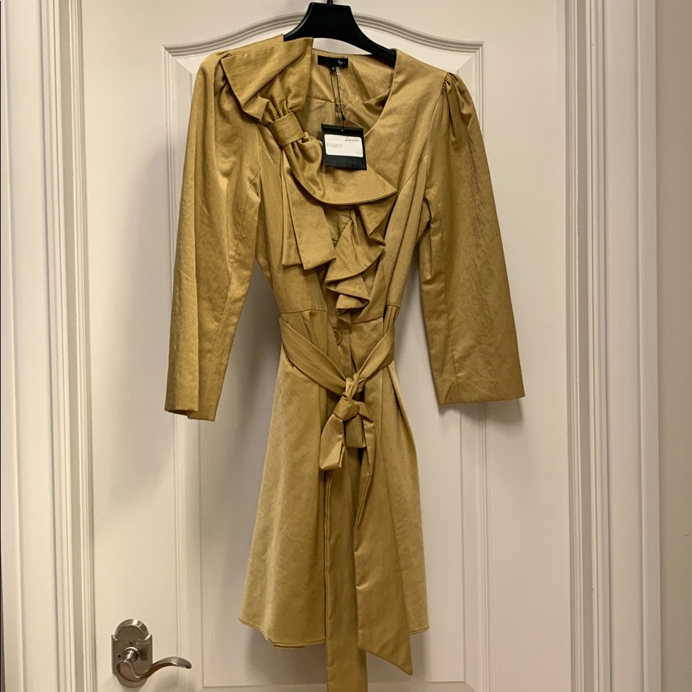 Ryu Belted Trench Coat 🧥 Gold Metallic Mustard Yellow Bow Ruffle Collar NWT $199